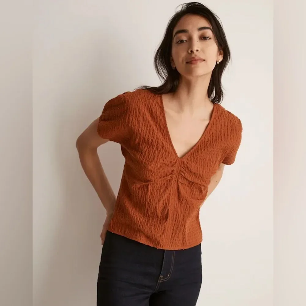 Madewell Puff-Sleeve Top in Clip Dot Warm Nutmeg Fall Autumn Size 12 NWT